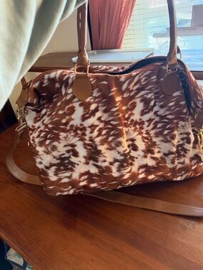 Faux Brown and White Cowhide-Print Overnight Bag with Faux Leather Trim